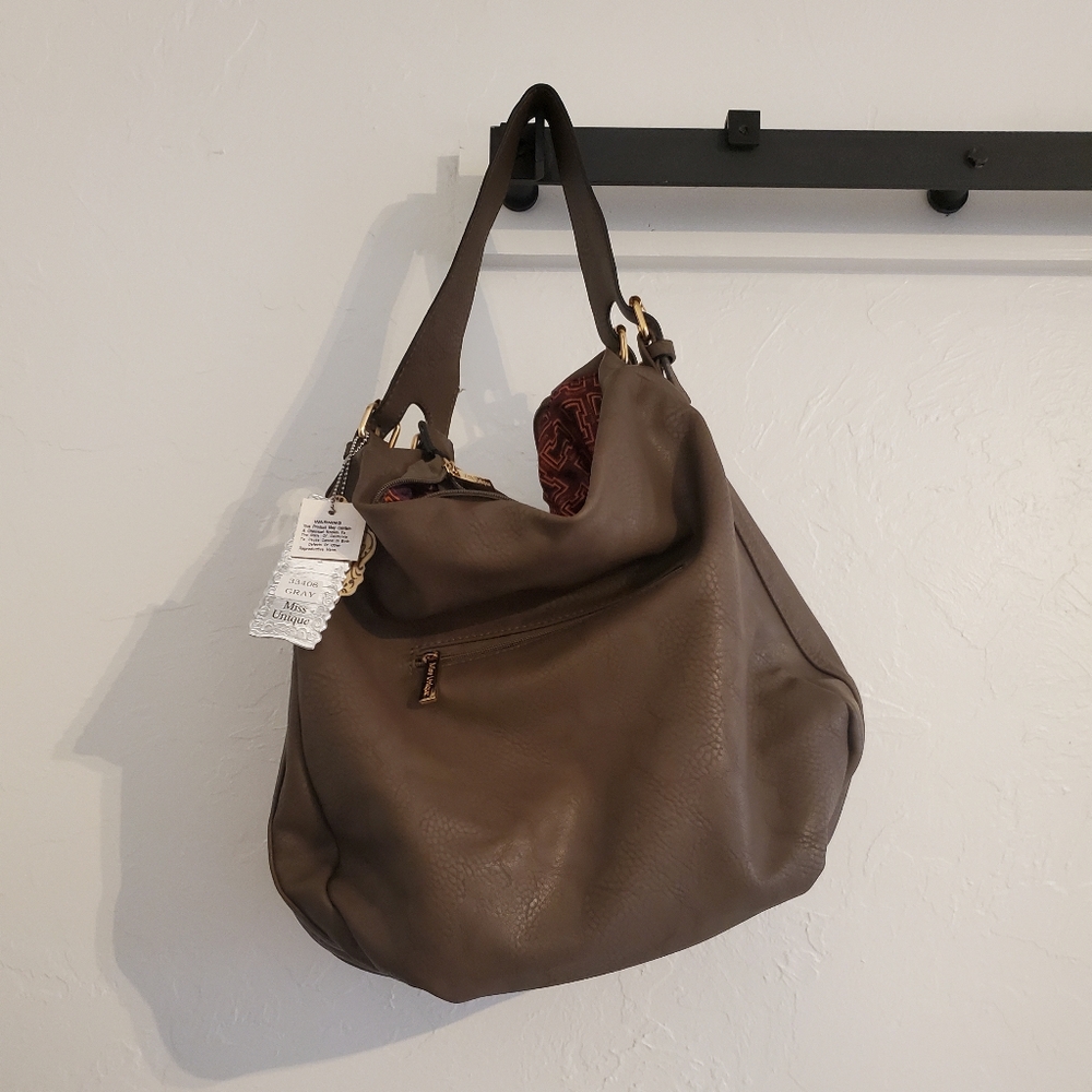 NWT Miss Unique handbag, bucket/ shoulder style, grayish brown, soft, super cute